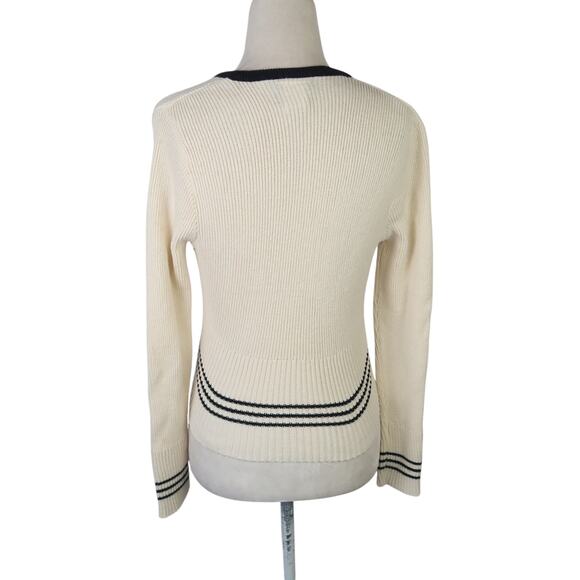 Vintage 90s Objects D'art Cream Black Stripe Crop Cardigan Sweater L - Picture 4 of 6